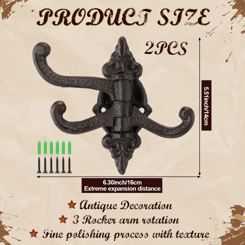 Otoolling 2 Pcs Vintage Cast Iron Wall Hooks Wall Mounted Rustic Metal Towel Hook Heavy Duty Hooks 3 Swing Arm Swivel Coat Hook for Coat Shoe Towel - Image 2
