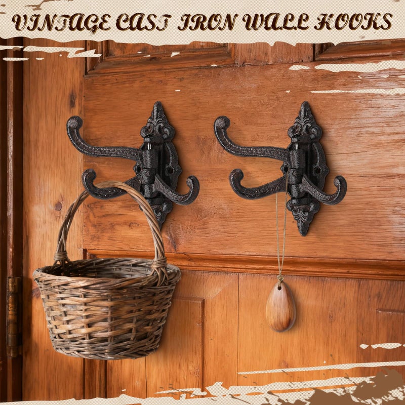 Otoolling 2 Pcs Vintage Cast Iron Wall Hooks Wall Mounted Rustic Metal Towel Hook Heavy Duty Hooks 3 Swing Arm Swivel Coat Hook for Coat Shoe Towel - Image 5