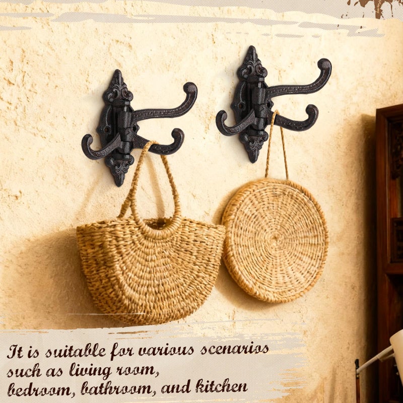 Otoolling 2 Pcs Vintage Cast Iron Wall Hooks Wall Mounted Rustic Metal Towel Hook Heavy Duty Hooks 3 Swing Arm Swivel Coat Hook for Coat Shoe Towel - Image 4