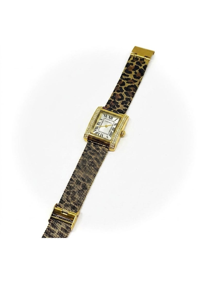 carter's Tank Women's Analog Watch - Diamond-Set Gold Case, Leopard Print Mesh Strap - Image 1