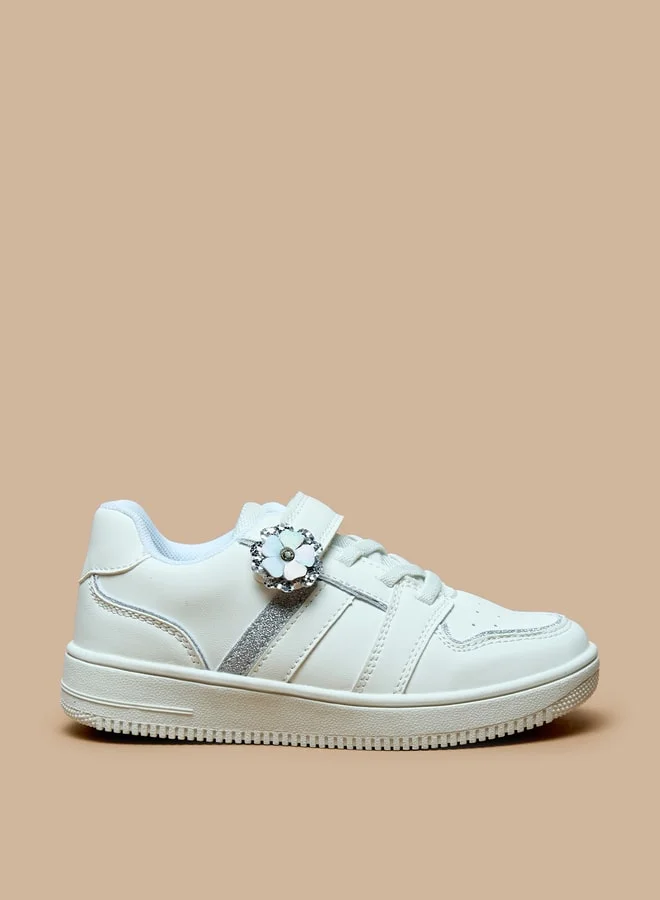 JUNIORS Girls Floral Accent Sneakers with Hook and Loop Closure