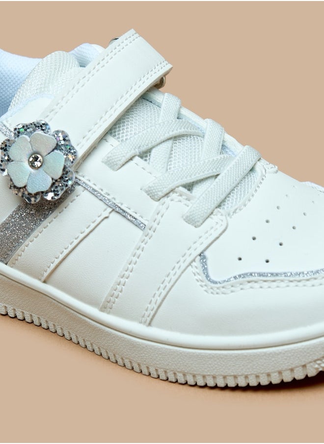 JUNIORS - Girls Floral Accent Sneakers with Hook and Loop Closure - Image 1