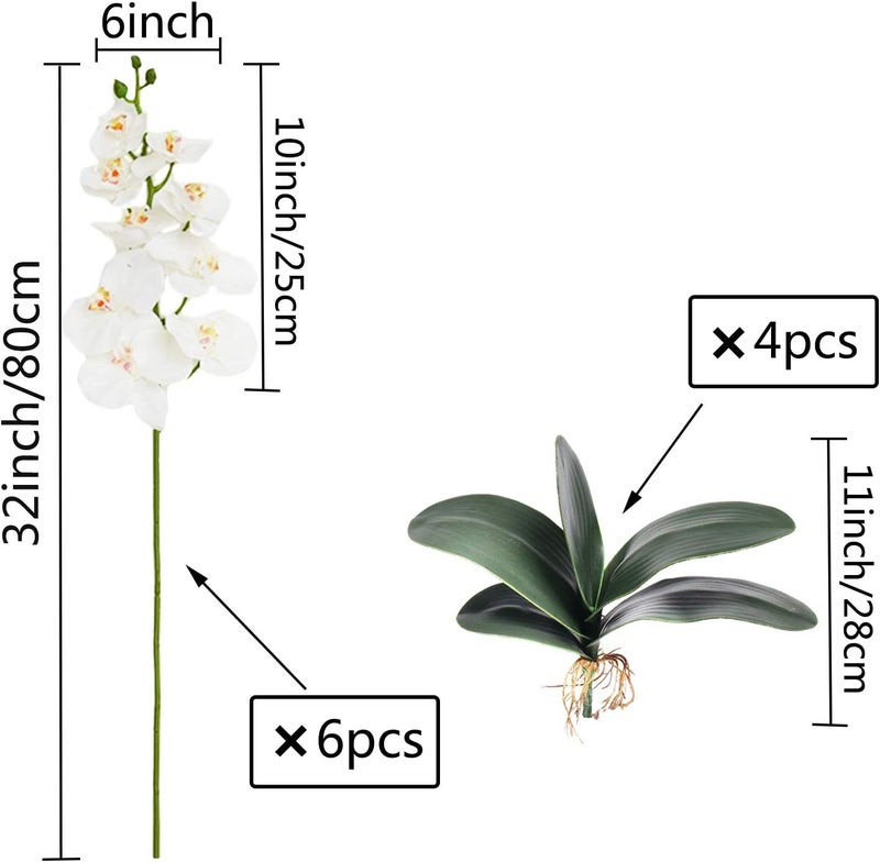 FagusHome 32" Artificial Phalaenopsis Flowers 6 Pcs with 4 Bundles Leaves Artificial Orchid Flowers Stem Plants for Home Décor (6Pcs) - Image 2