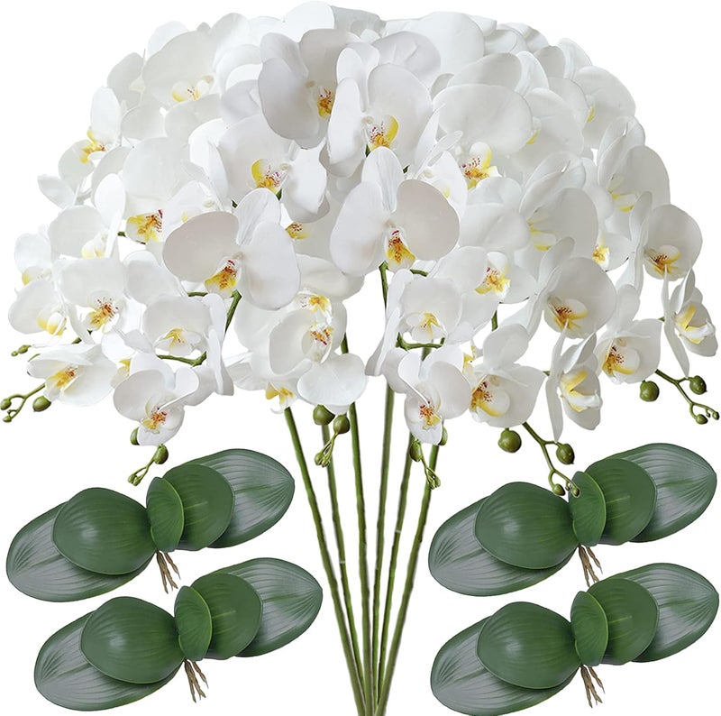 FagusHome 32" Artificial Phalaenopsis Flowers 6 Pcs with 4 Bundles Leaves Artificial Orchid Flowers Stem Plants for Home Décor (6Pcs) - Image 1