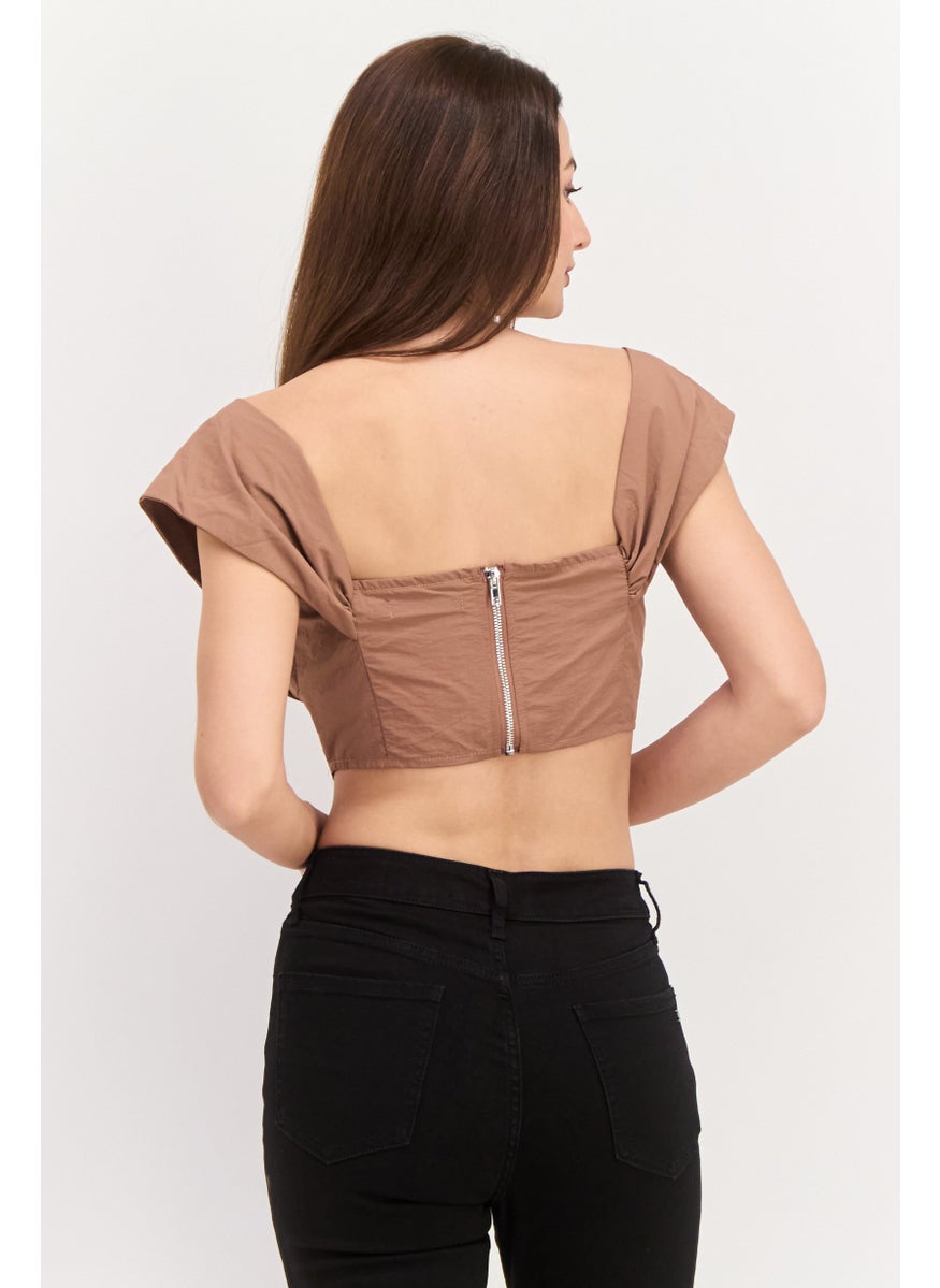 Missguided Women Off Shoulder Neck Short Sleeve Ruched Crop Top, Brown  - Image 2