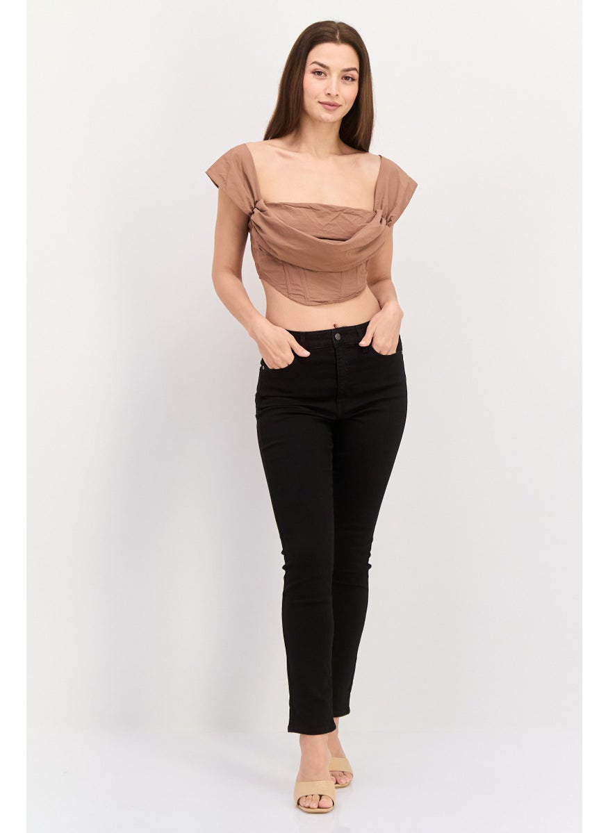 Missguided Women Off Shoulder Neck Short Sleeve Ruched Crop Top, Brown  - Image 3