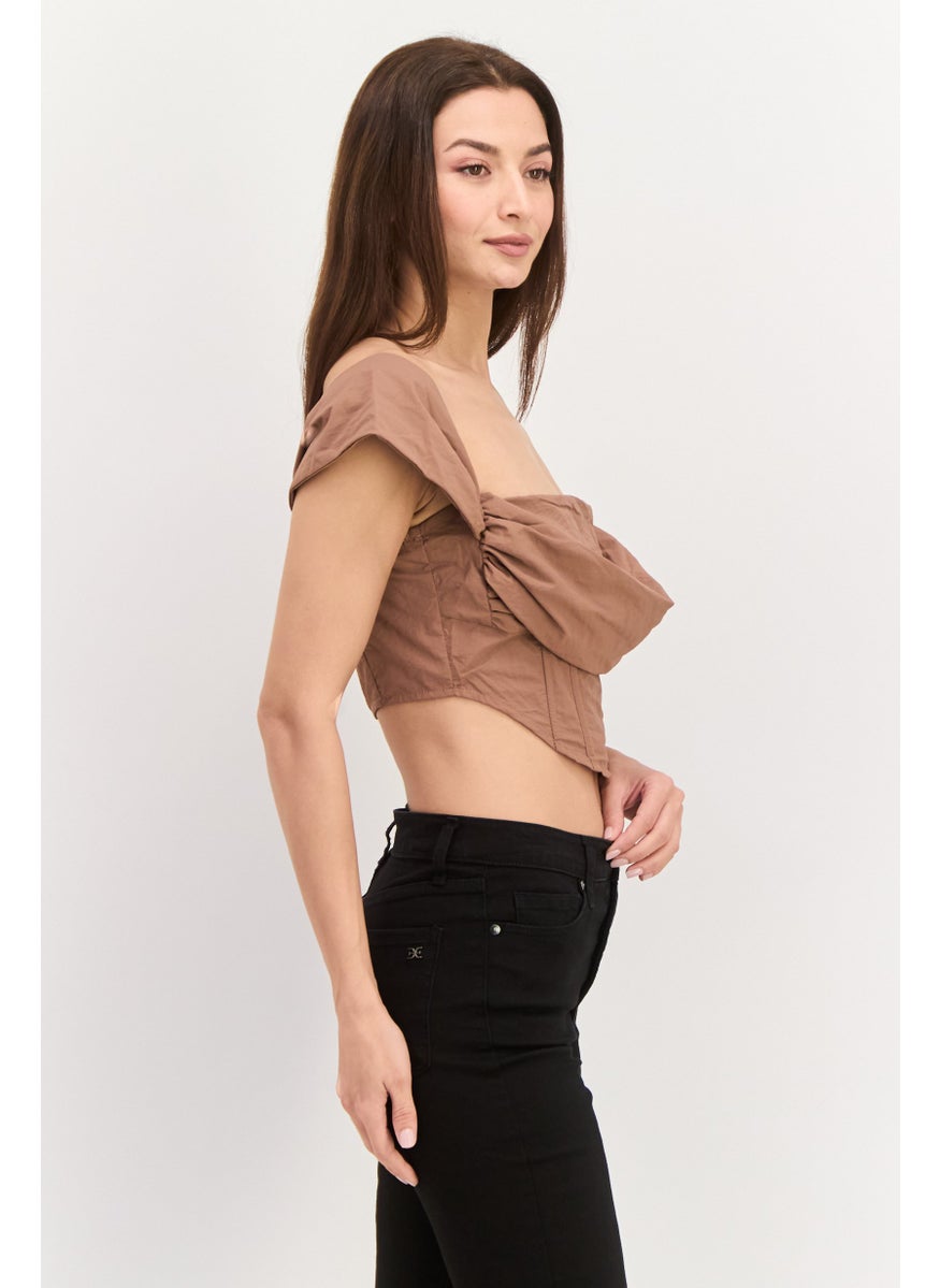 Missguided Women Off Shoulder Neck Short Sleeve Ruched Crop Top, Brown  - Image 4
