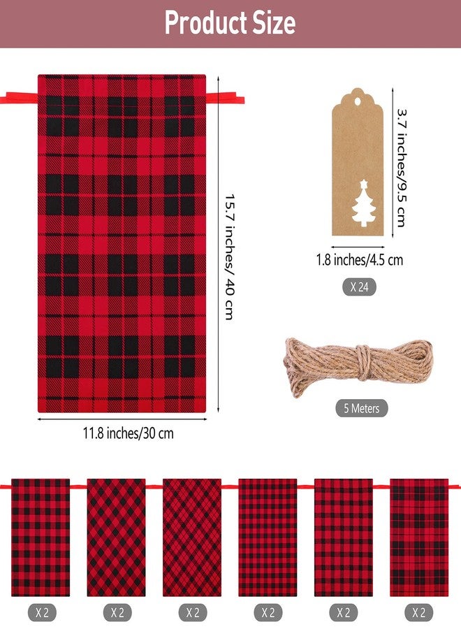 MIMIND 12 Pieces Christmas Gift Bags Buffalo Plaid Drawstring Bags Cotton Wrapping Bags 11.8 x 15.7 Inch Xmas Present Bags with 24 Pieces Kraft Tags Christmas Party Favor Bags, 6 Assorted Styles - Image 2