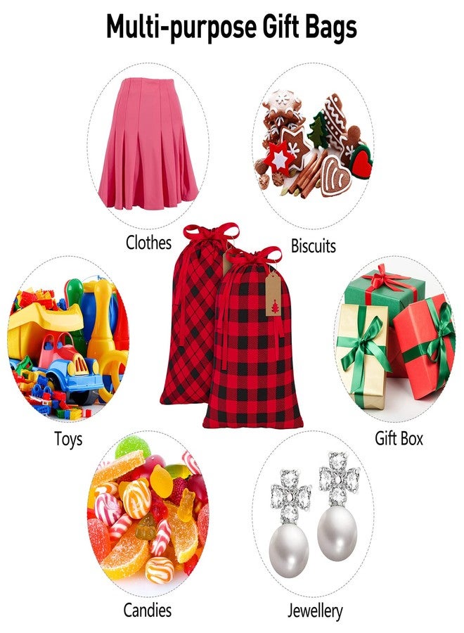 MIMIND 12 Pieces Christmas Gift Bags Buffalo Plaid Drawstring Bags Cotton Wrapping Bags 11.8 x 15.7 Inch Xmas Present Bags with 24 Pieces Kraft Tags Christmas Party Favor Bags, 6 Assorted Styles - Image 4