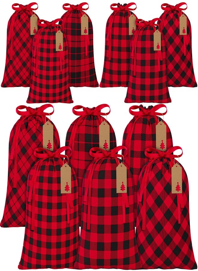 MIMIND 12 Pieces Christmas Gift Bags Buffalo Plaid Drawstring Bags Cotton Wrapping Bags 11.8 x 15.7 Inch Xmas Present Bags with 24 Pieces Kraft Tags Christmas Party Favor Bags, 6 Assorted Styles - Image 1