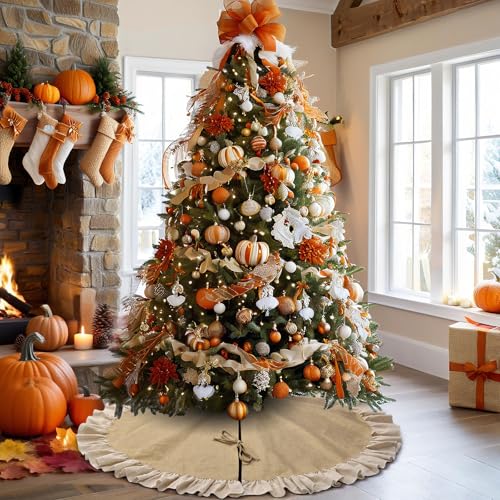 yuboo 48" Burlap Fall Christmas Tree Skirt with Ruffle Border, Beach Farmhouse Tree Skirt Linen Rustic Tree Ornaments for Christmas Thanksgiving Holiday Party Decorations - Image 1