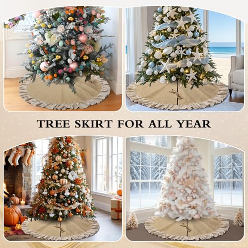 yuboo 48" Burlap Fall Christmas Tree Skirt with Ruffle Border, Beach Farmhouse Tree Skirt Linen Rustic Tree Ornaments for Christmas Thanksgiving Holiday Party Decorations - Image 4
