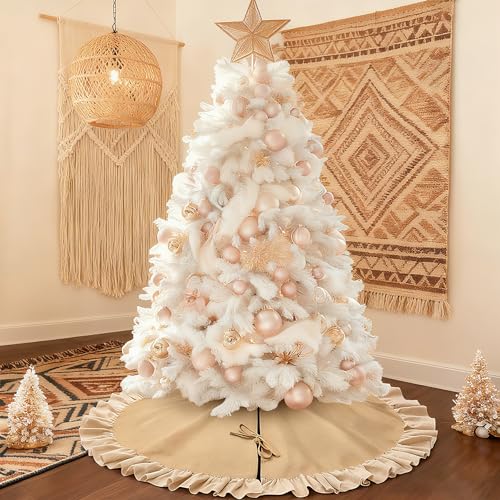 yuboo 48" Burlap Fall Christmas Tree Skirt with Ruffle Border, Beach Farmhouse Tree Skirt Linen Rustic Tree Ornaments for Christmas Thanksgiving Holiday Party Decorations - Image 3