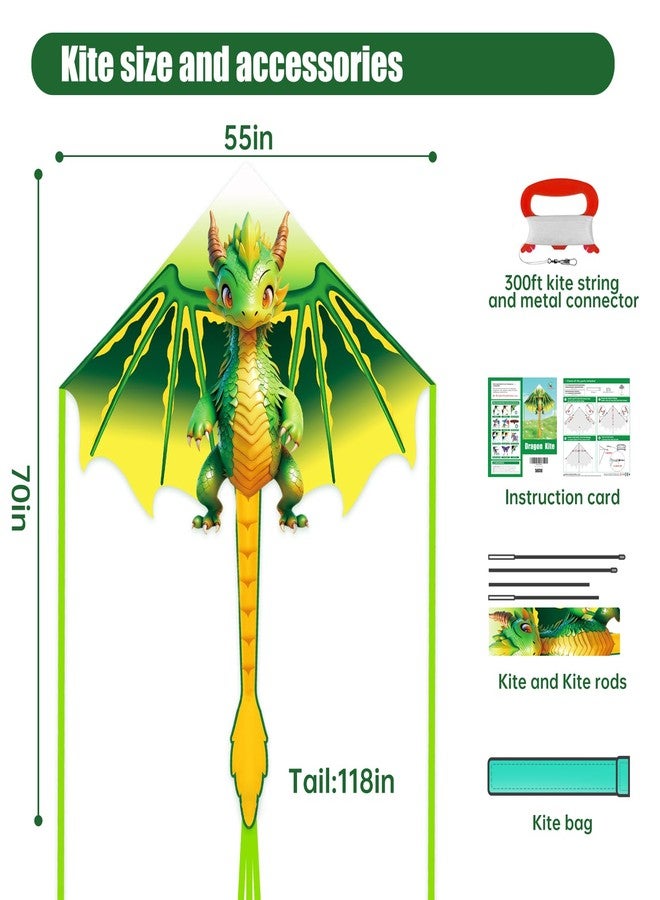 Flying Hoofer Cartoon Dragon Kite for Kids Ages 4-12, Easy to Fly for Beginners, Beach Kites with 300ft String, Great Kite for Boys and Girls (Green) - Image 2