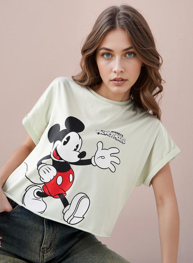 SP Characters Mickey Mouse Print Cropped T-shirt with Crew Neck - Image 1