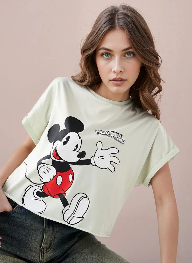 SP Characters Mickey Mouse Print Cropped T-shirt with Crew Neck