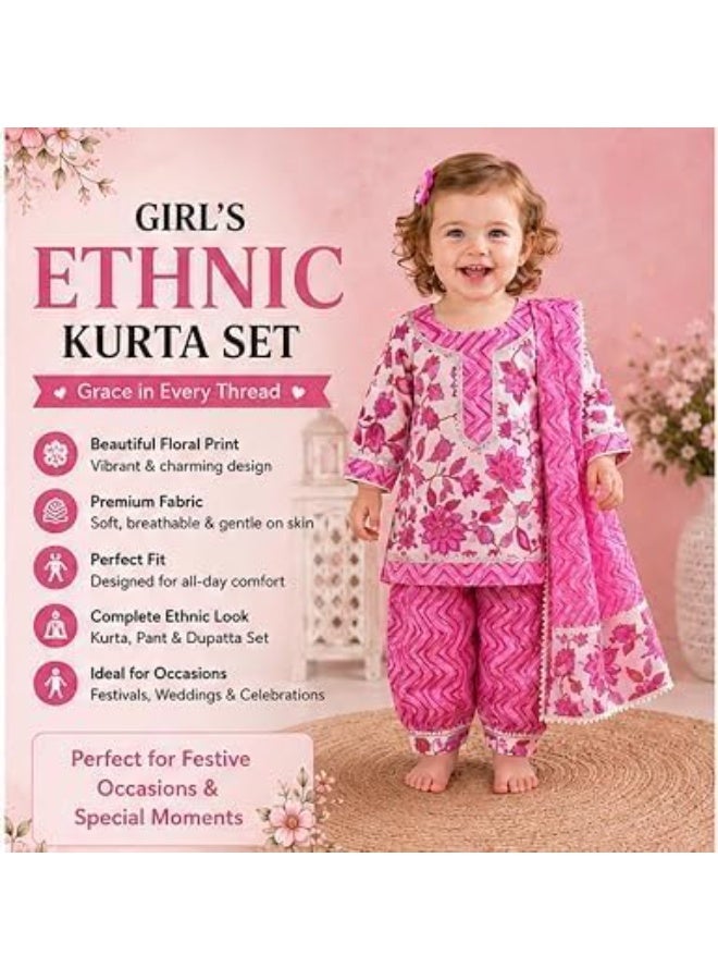 Girls Pink Floral Printed Kurta, Pant & Dupatta 3-Piece Ethnic Set - Image 1