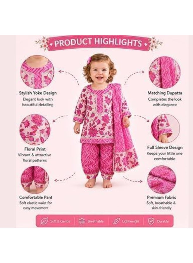 Girls Pink Floral Printed Kurta, Pant & Dupatta 3-Piece Ethnic Set - Image 3