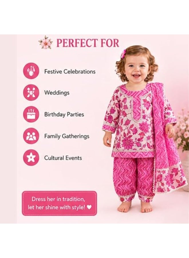 Girls Pink Floral Printed Kurta, Pant & Dupatta 3-Piece Ethnic Set - Image 2