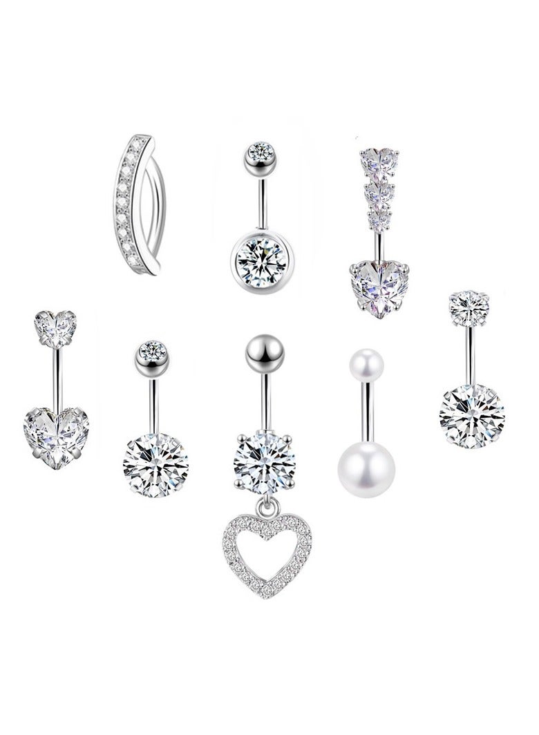 إينوشا مجموعة إبر سرة 8 قطع من الاستانلس ستيل الفضي القصير - مرصعة بزركون وبتصميم قلب لامع - Image 1