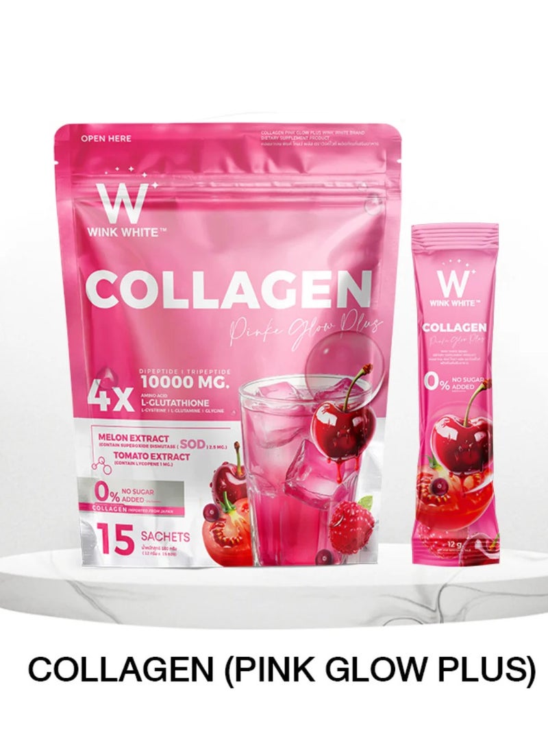 وينك وايت كولاجين وينك وايت الوردي المتوهج بلس - ١٠٠٠٠ ملغ كولاجين + جلوتاثيون | مشروب لتفتيح البشرة بخلاصة البطيخ والطماطم - ١٥ كيسًا، خالي من السكر