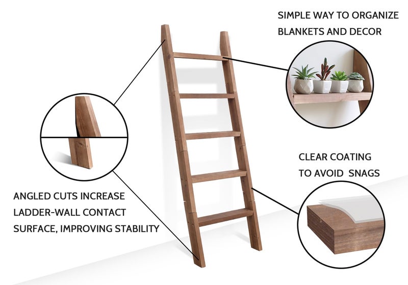 FUIN 5ft (58") Wood Blanket Ladder Living Room Decorative Wall Leaning Farmhouse Quilt Display Holder Shelf Rustic Wooden Towel Rack for Bathroom, Brown - Image 3
