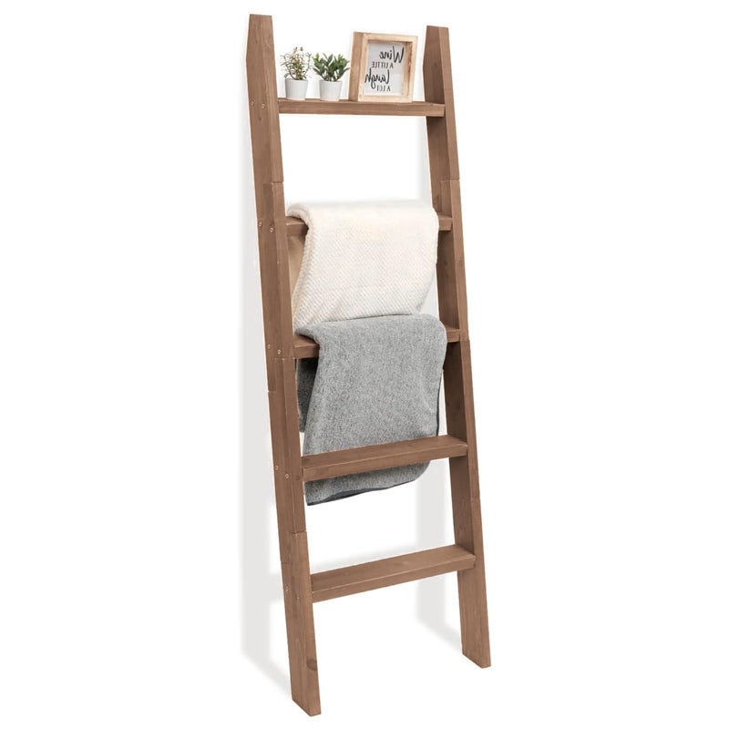 FUIN 5ft (58") Wood Blanket Ladder Living Room Decorative Wall Leaning Farmhouse Quilt Display Holder Shelf Rustic Wooden Towel Rack for Bathroom, Brown - Image 1