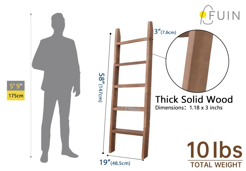 FUIN 5ft (58") Wood Blanket Ladder Living Room Decorative Wall Leaning Farmhouse Quilt Display Holder Shelf Rustic Wooden Towel Rack for Bathroom, Brown - Image 4