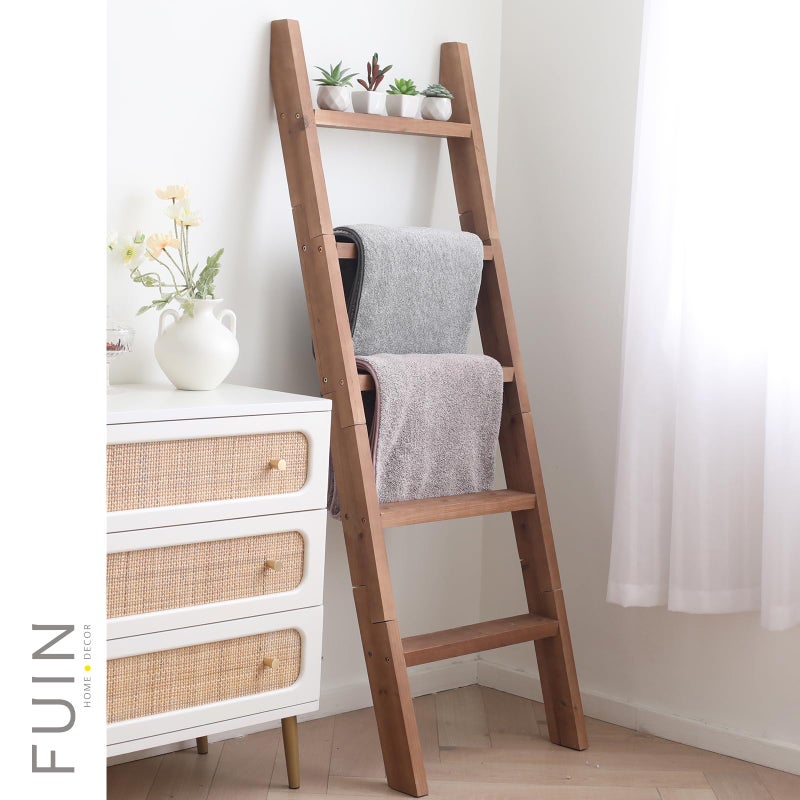 FUIN 5ft (58") Wood Blanket Ladder Living Room Decorative Wall Leaning Farmhouse Quilt Display Holder Shelf Rustic Wooden Towel Rack for Bathroom, Brown - Image 2