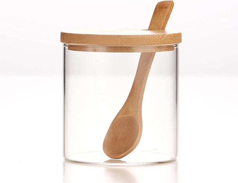 MOLADRI 300ML/10Oz Clear Glass Jar with Bamboo Lid and Wooden Spoon, Cute Sugar Bowl Bath Salt Storage Canister Seasoning Container Condiment Pot with Scoop for Spice, Pepper for Kitchen, Table, Countertop - Image 1