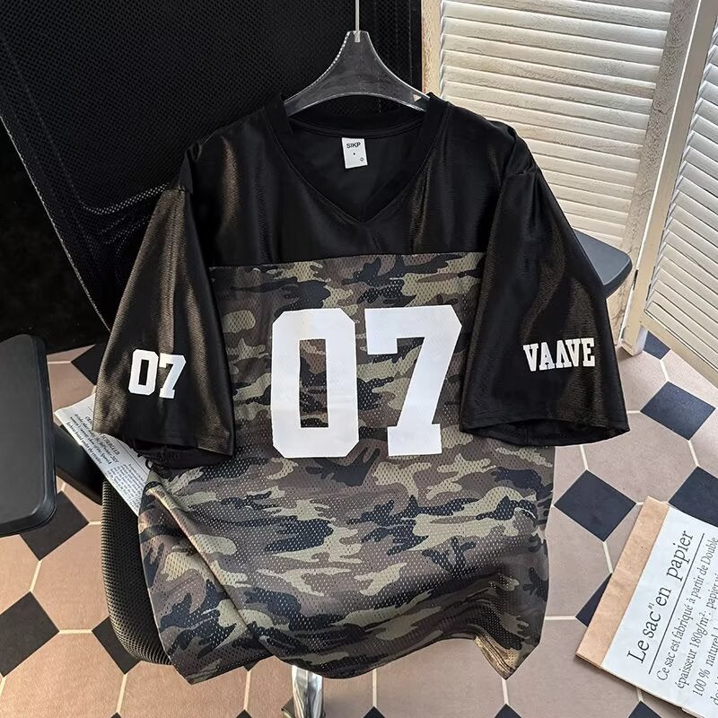 Summer Spliced ​​Mesh Embroider Printed Bottoming Shirt Tops For Men And Women Loose Sports Training Jersey V Neck Short Sleeves - Image 3