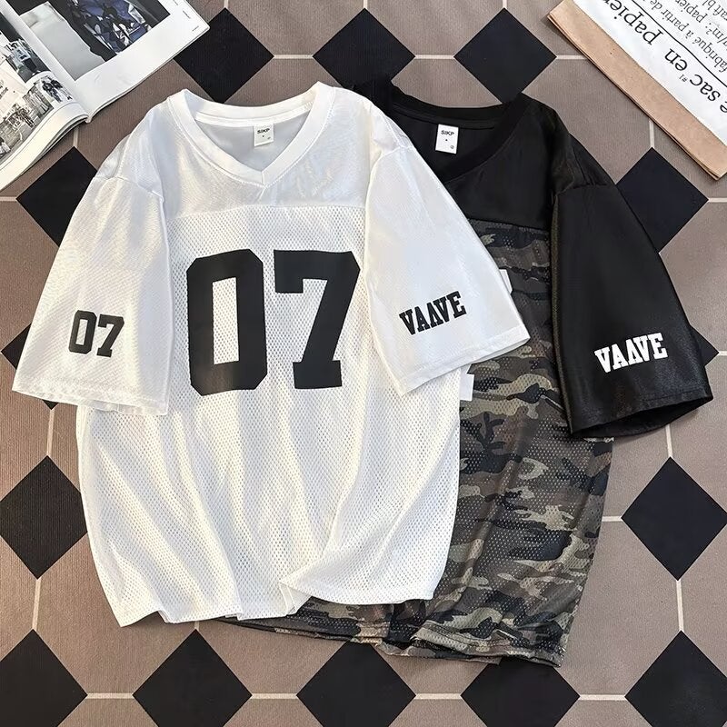 Summer Spliced ​​Mesh Embroider Printed Bottoming Shirt Tops For Men And Women Loose Sports Training Jersey V Neck Short Sleeves - Image 2