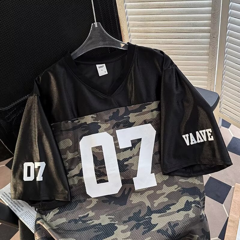 Summer Spliced ​​Mesh Embroider Printed Bottoming Shirt Tops For Men And Women Loose Sports Training Jersey V Neck Short Sleeves - Image 5