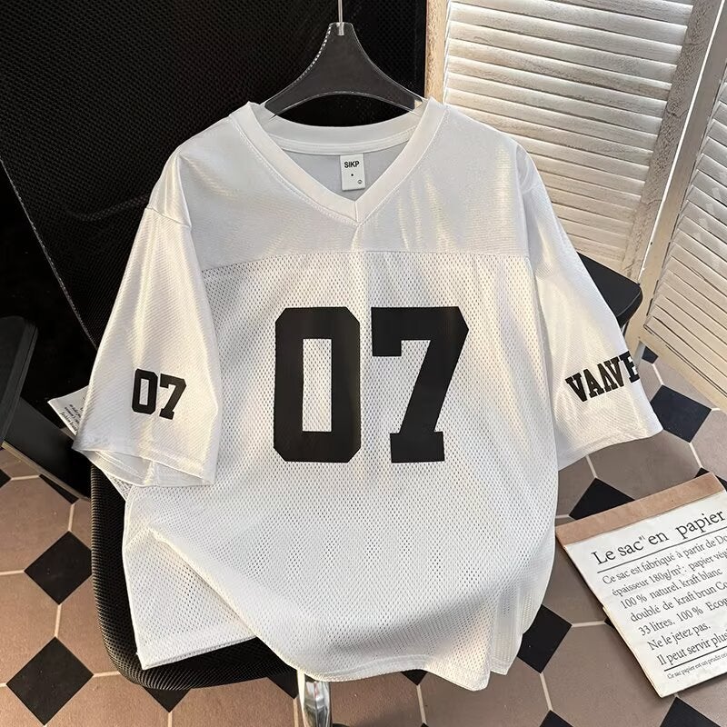 Summer Spliced ​​Mesh Embroider Printed Bottoming Shirt Tops For Men And Women Loose Sports Training Jersey V Neck Short Sleeves - Image 1