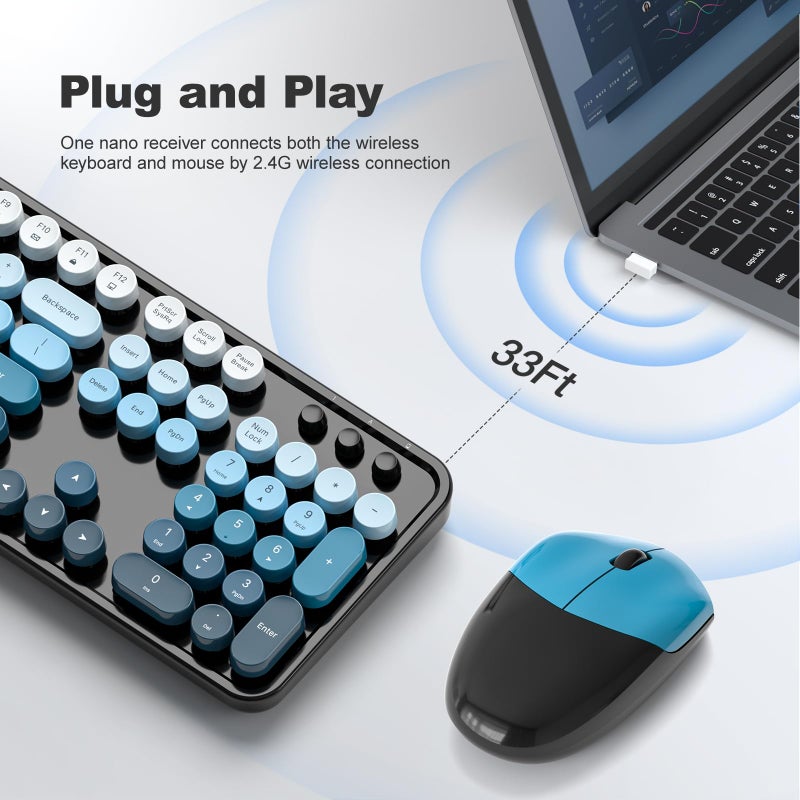 MOFII Wireless Keyboard and Mouse Combo, Full Size 2.4G Plug and Play Typewriter Retro Round Computer Keyboard and Mouse Set for Windows, Computer, Desktop, PC, Notebook - (Black Blue Gradient) - Image 2