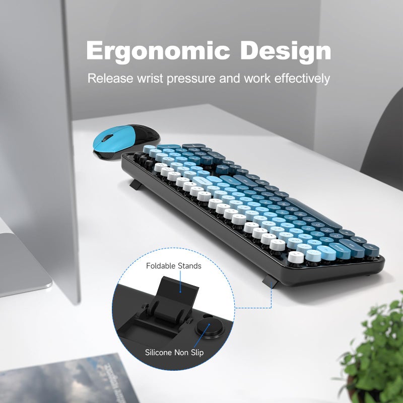 MOFII Wireless Keyboard and Mouse Combo, Full Size 2.4G Plug and Play Typewriter Retro Round Computer Keyboard and Mouse Set for Windows, Computer, Desktop, PC, Notebook - (Black Blue Gradient) - Image 3
