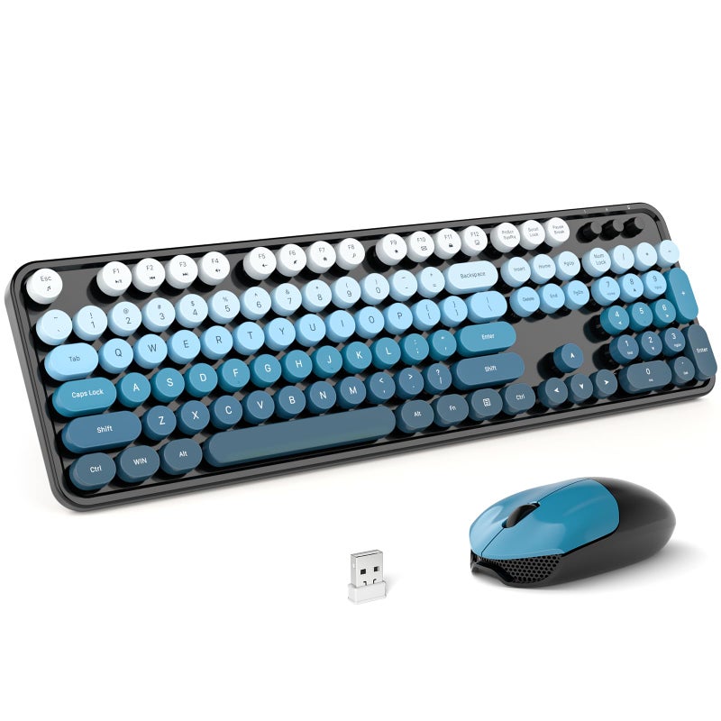 MOFII Wireless Keyboard and Mouse Combo, Full Size 2.4G Plug and Play Typewriter Retro Round Computer Keyboard and Mouse Set for Windows, Computer, Desktop, PC, Notebook - (Black Blue Gradient) - Image 1