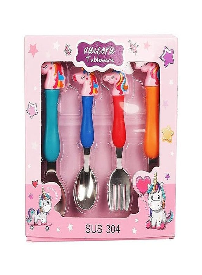 VEMPIX Stainless Steel Unicorn Design Tableware Cutlery Set / 2 Spoon & 2 Fork for Babies/Kids Tableware/Feeding Set