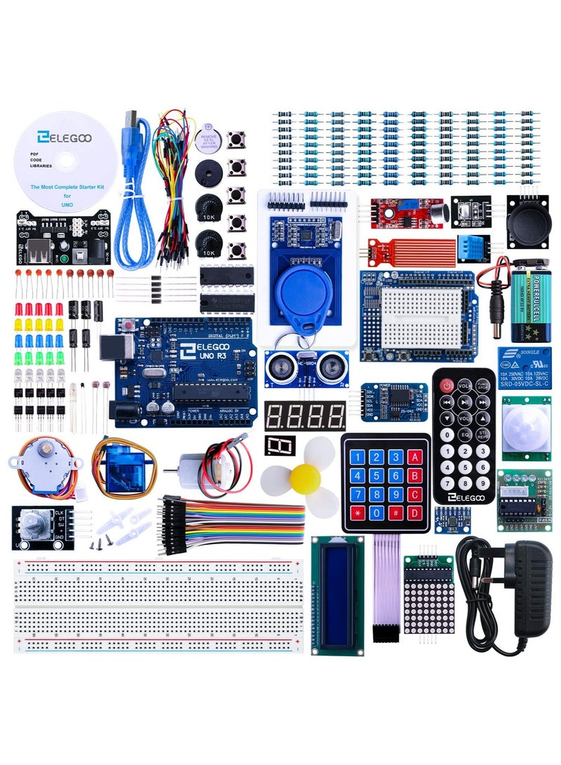 إليجو مجموعة أدوات البدء الكاملة من إليغو EL-KIT-001 UNO R3 – طقم إلكترونيات تعليمي متكامل مكوّن من 63 قطعة لتعلّم البرمجة والتحكم في Arduino، يشمل لوح تطوير UNO R3، أسلاك توصيل، حساسات، ومكونات إلكترونية مثالية للمبتدئين والهواة - Image 1