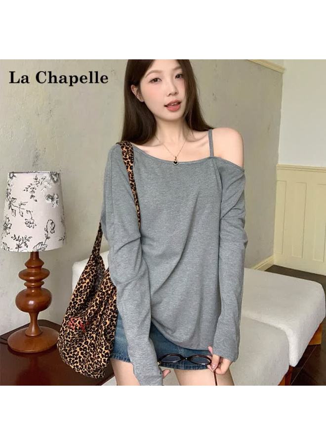 La Chapelle  Spring Autumn New Off-shoulder Loose Solid Color Versatile Long Sleeve T-shirt Base Shirt Dark Gray S - Image 1