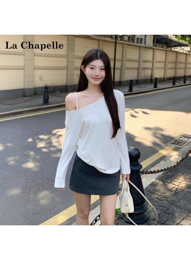 La Chapelle  Spring Autumn New Off-shoulder Loose Solid Color Versatile Long Sleeve T-shirt Base Shirt Dark Gray S - Image 2