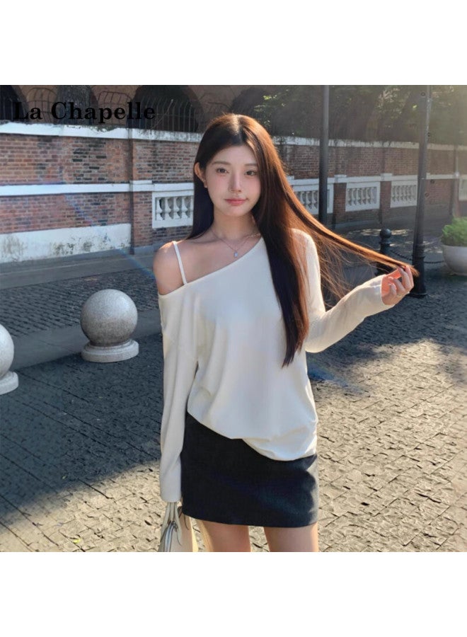 La Chapelle  Spring Autumn New Off-shoulder Loose Solid Color Versatile Long Sleeve T-shirt Base Shirt Dark Gray S - Image 3