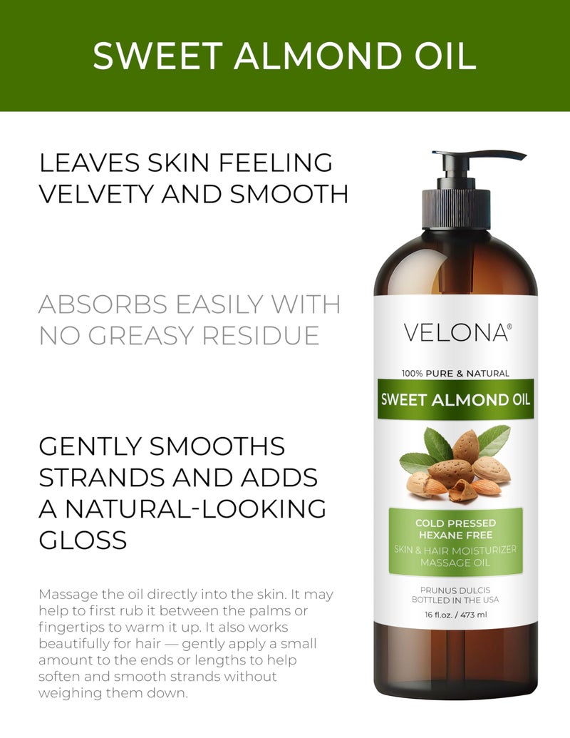 velona Sweet Almond Oil - 16 Fl Oz | 100% Pure and Natural Carrier Oil |Cold Pressed | Skin, Hair, Body & Face Moisturizing | Use Today - Enjoy Resultsâ€¦ - Image 2