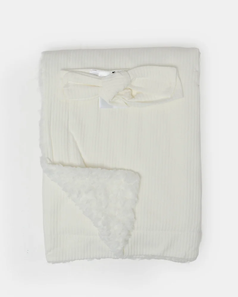 Redtag Baby White Rib Cotton Blanket with Headband