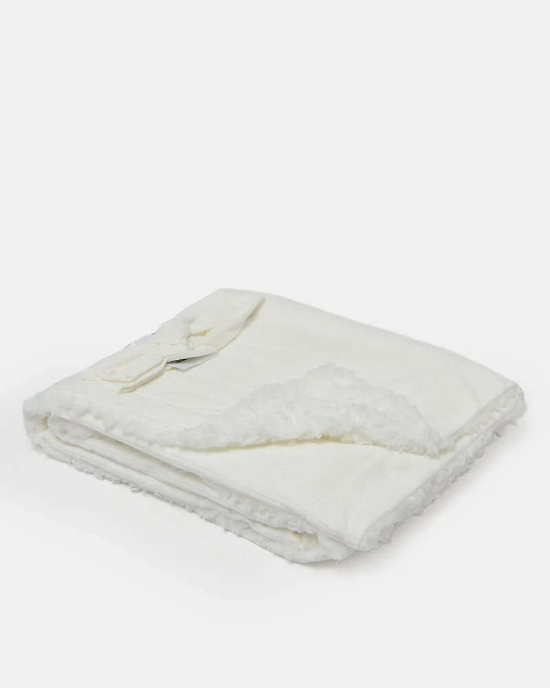 Redtag Baby White Rib Cotton Blanket with Headband