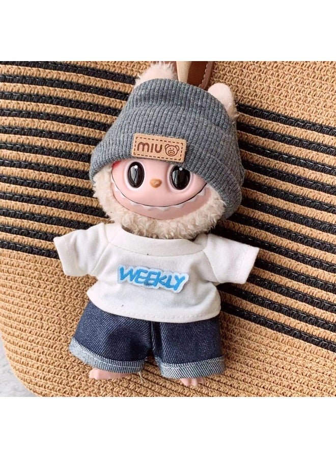 17cm Labubu Keychain Vinyl Doll Dress Clothing White t+pants+hat 