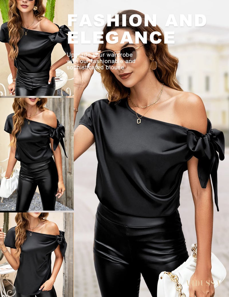VIDUSSA Women's Off Shoulder Silk Tops Casual Short Sleeve Asymmetrical Neck Satin Blouse Shirts Black M - Image 2
