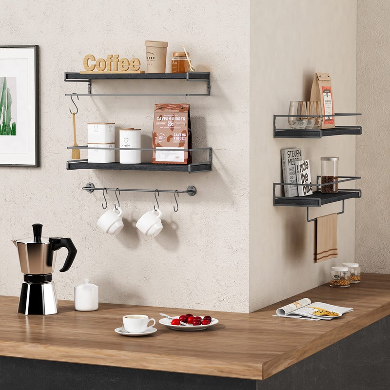 Forbena Black Floating Shelves for Bathroom Wall Set of 2, Kitchen Spice Rack Wall Mount, Modern Wood Hanging Wall Shelves for Bedroom Organizer, Restroom Pantry Closet Storage (Grey-Black) - Image 2