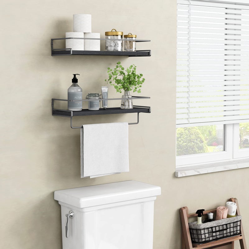 Forbena Black Floating Shelves for Bathroom Wall Set of 2, Kitchen Spice Rack Wall Mount, Modern Wood Hanging Wall Shelves for Bedroom Organizer, Restroom Pantry Closet Storage (Grey-Black) - Image 3