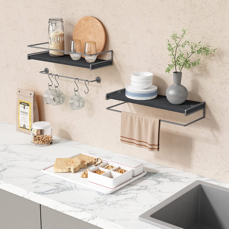 Forbena Black Floating Shelves for Bathroom Wall Set of 2, Kitchen Spice Rack Wall Mount, Modern Wood Hanging Wall Shelves for Bedroom Organizer, Restroom Pantry Closet Storage (Grey-Black) - Image 4